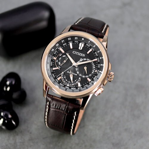 Shop Authentic Citizen Eco Drive Calendrier Black Dial Brown Leather StrapWatch For Men - BU2023-12E - Luxxuri