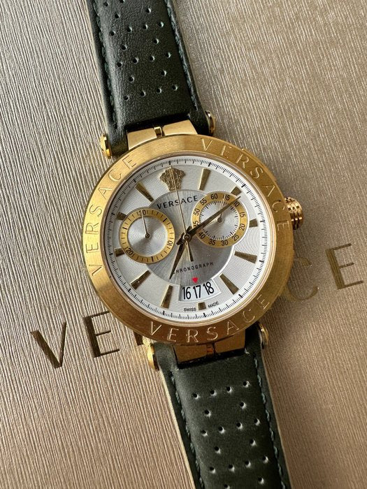  Shop Authentic Versace Aion Chronograph White Dial Green Leather Strap Watch for Men - VBR020017 - Luxxuri