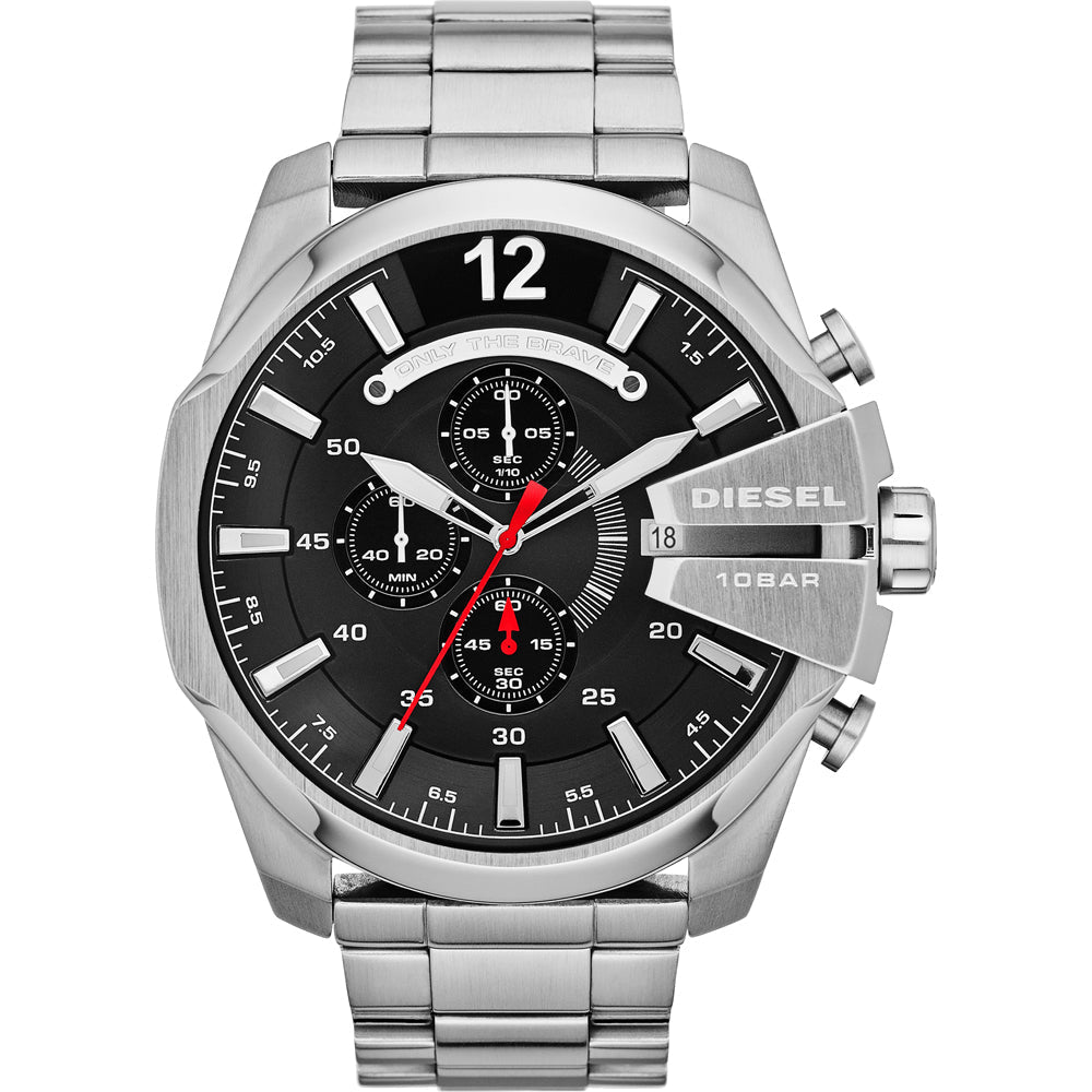  Shop Authentic Diesel Mega Chief Chronograph Black Dial Silver Steel Strap Watch For Men - DZ4308 - Luxxuri