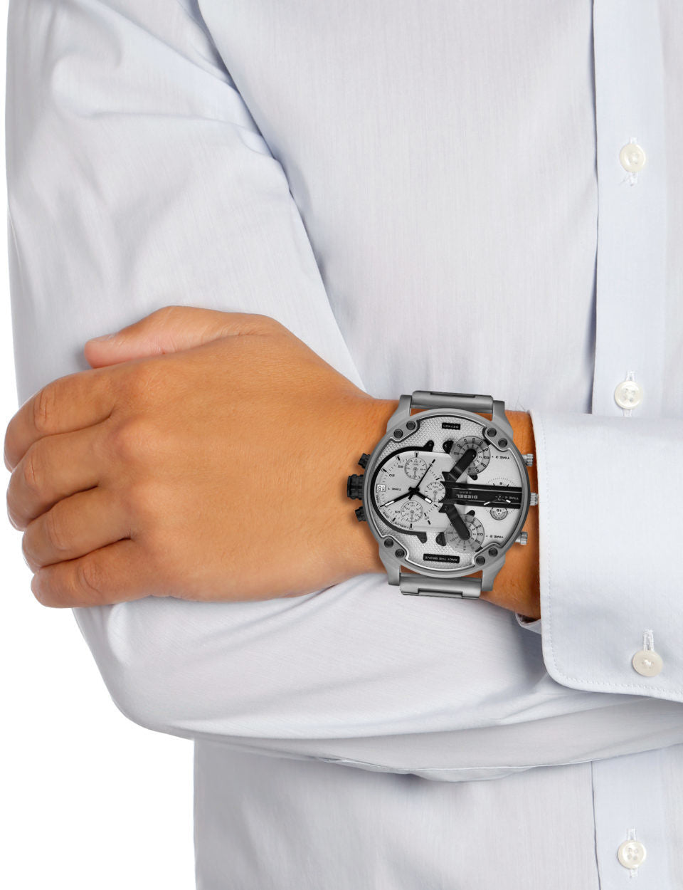  Shop Authentic Diesel Mr. Daddy Chronograph Silver Dial Silver Steel Strap Watch For Men - DZ7421 - Luxxuri