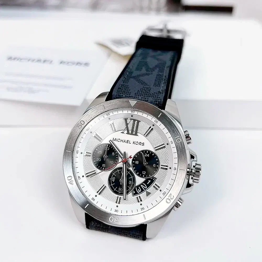  Shop Authentic Michael Kors Brecken Chronograph Silver Dial Grey Leather Strap Watch For Men - MK8922 - Luxxuri