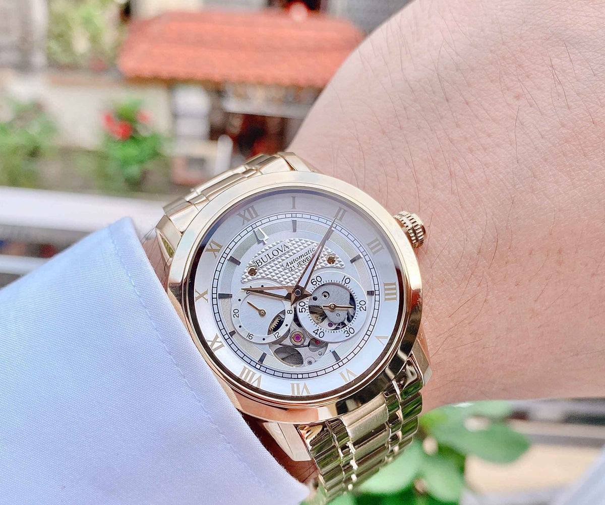  Shop Authentic Bulova BVA Skeleton Silver Dial Gold Steel Strap Watch for Men - 97A108 - Luxxuri