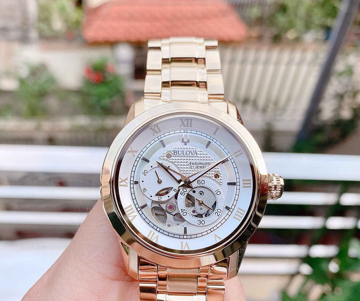  Shop Authentic Bulova BVA Skeleton Silver Dial Gold Steel Strap Watch for Men - 97A108 - Luxxuri