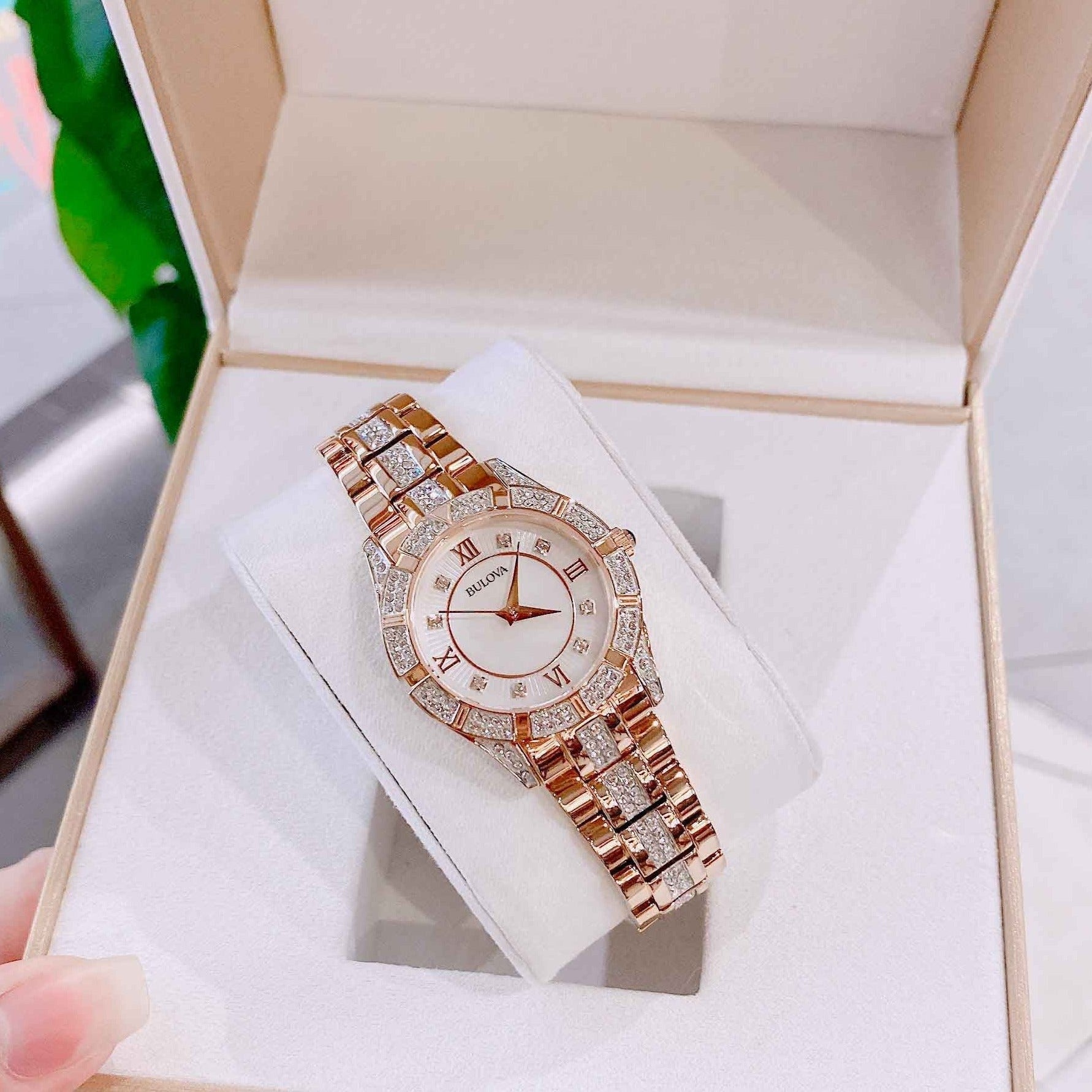  Shop Authentic Bulova Crystal Mother of Pearl Dial Rose Gold Steel Strap Watch for Women - 98L197 - Luxxuri