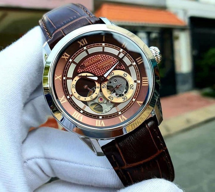  Shop Authentic Bulova Classic Skeleton Automatic Brown Dial Brown Leather Strap Watch for Men - 96A120 - Luxxuri