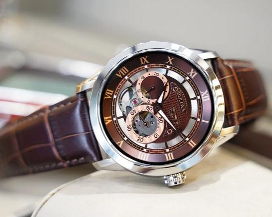  Shop Authentic Bulova Classic Skeleton Automatic Brown Dial Brown Leather Strap Watch for Men - 96A120 - Luxxuri