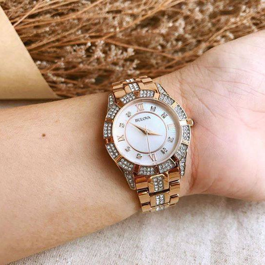  Shop Authentic Bulova Crystal Mother of Pearl Dial Rose Gold Steel Strap Watch for Women - 98L197 - Luxxuri