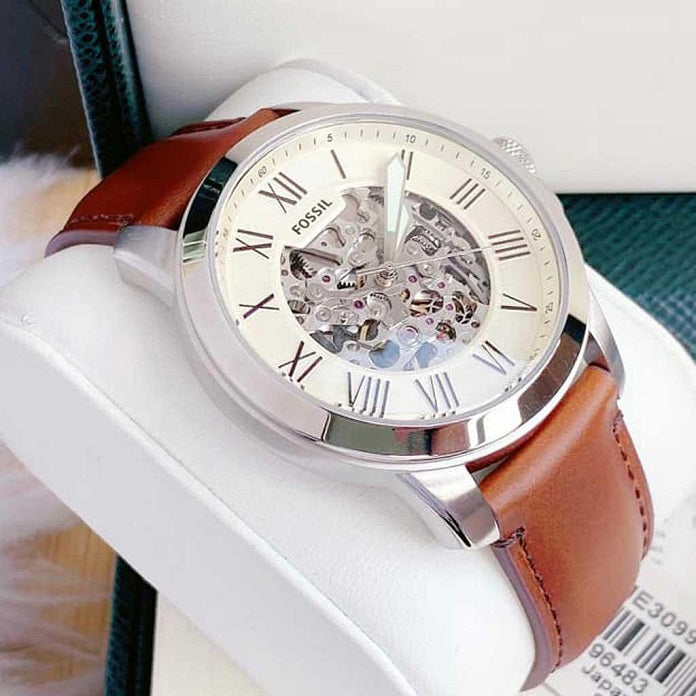  Shop Authentic Fossil Grant Automatic Beige Skeleton Dial Brown Leather Strap Watch for Men - ME3099 - Luxxuri