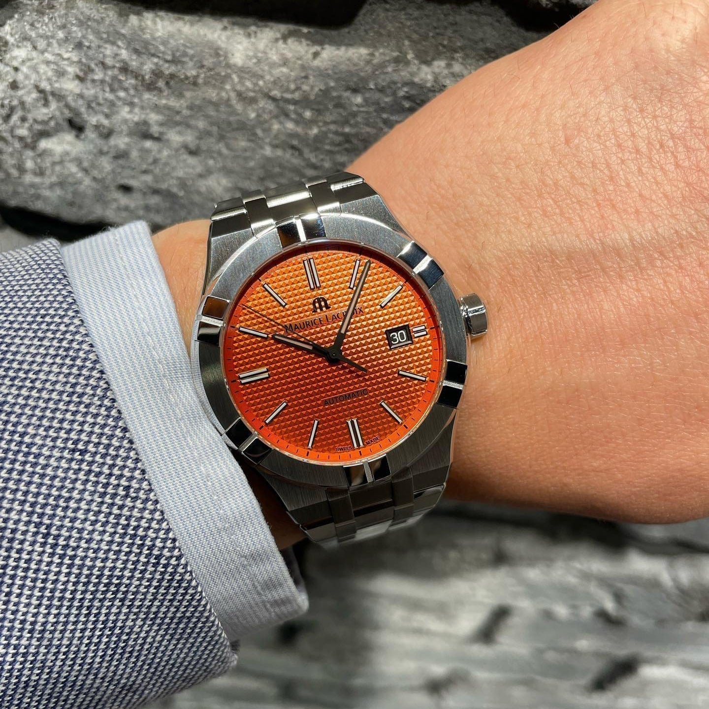  Shop Authentic Maurice Lacroix Aikon Limited Edition Automatic Date Orange Dial Silver Steel Strap Watch For Men - AI6008-SS00F-530-1 - Luxxuri