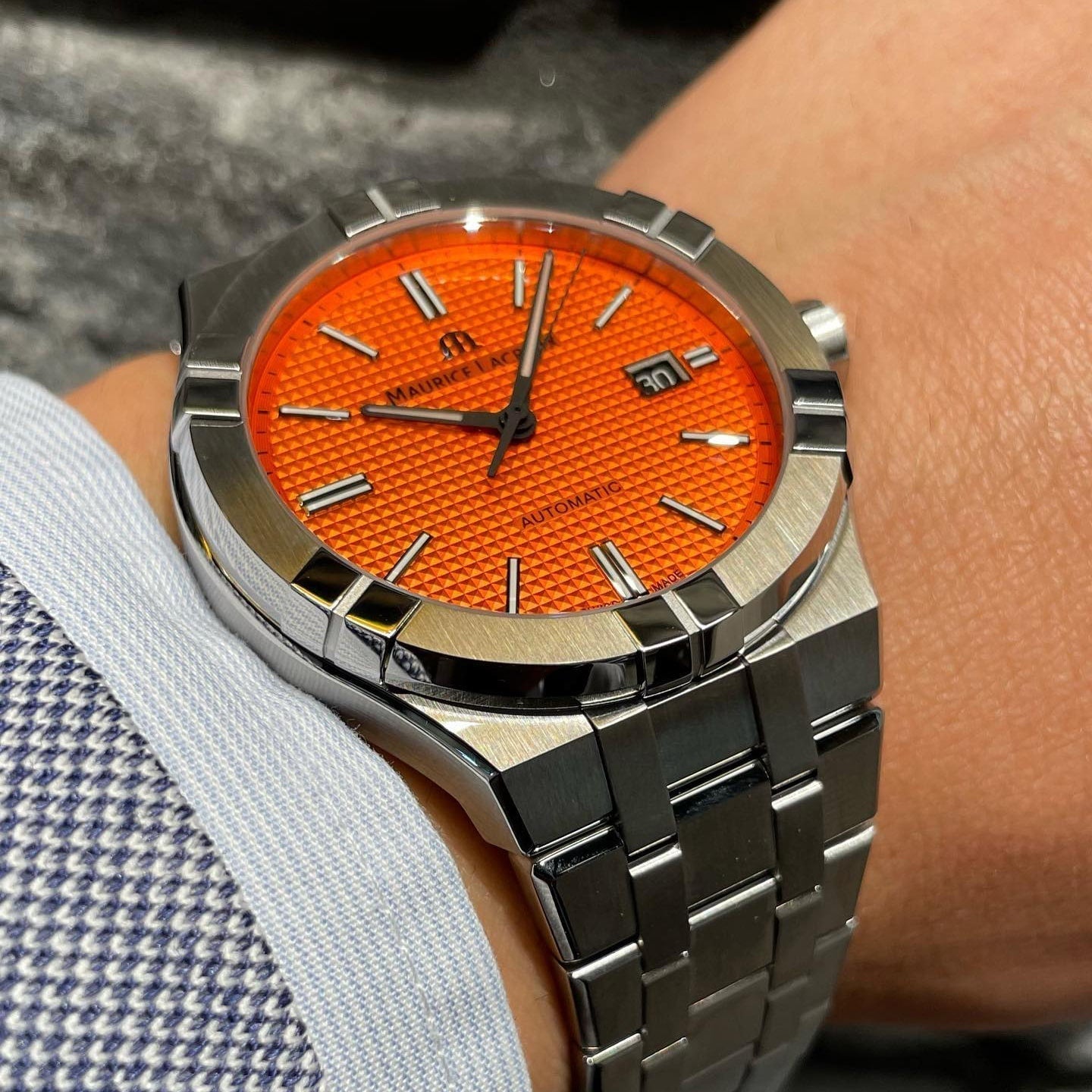  Shop Authentic Maurice Lacroix Aikon Automatic Date Orange Dial Silver Steel Strap Watch For Men - AI6008-SS00F-530-E - Luxxuri