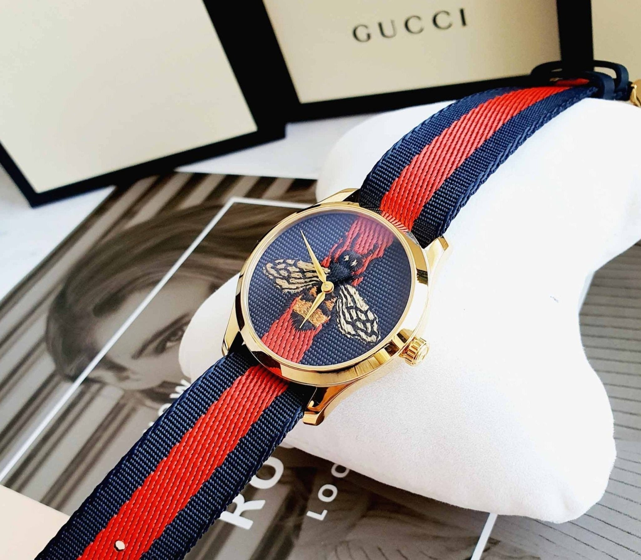  Shop Authentic Gucci G Timeless Bee Red & Blue Dial Red Two Tone Nylon Strap Watch For Men - YA1264061 - Luxxuri