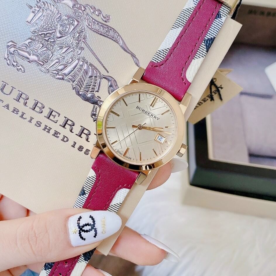 Shop Authentic Burberry The City White Dial Haymarket Pink Leather Strap Watch for Women - BU9149 - Luxxuri