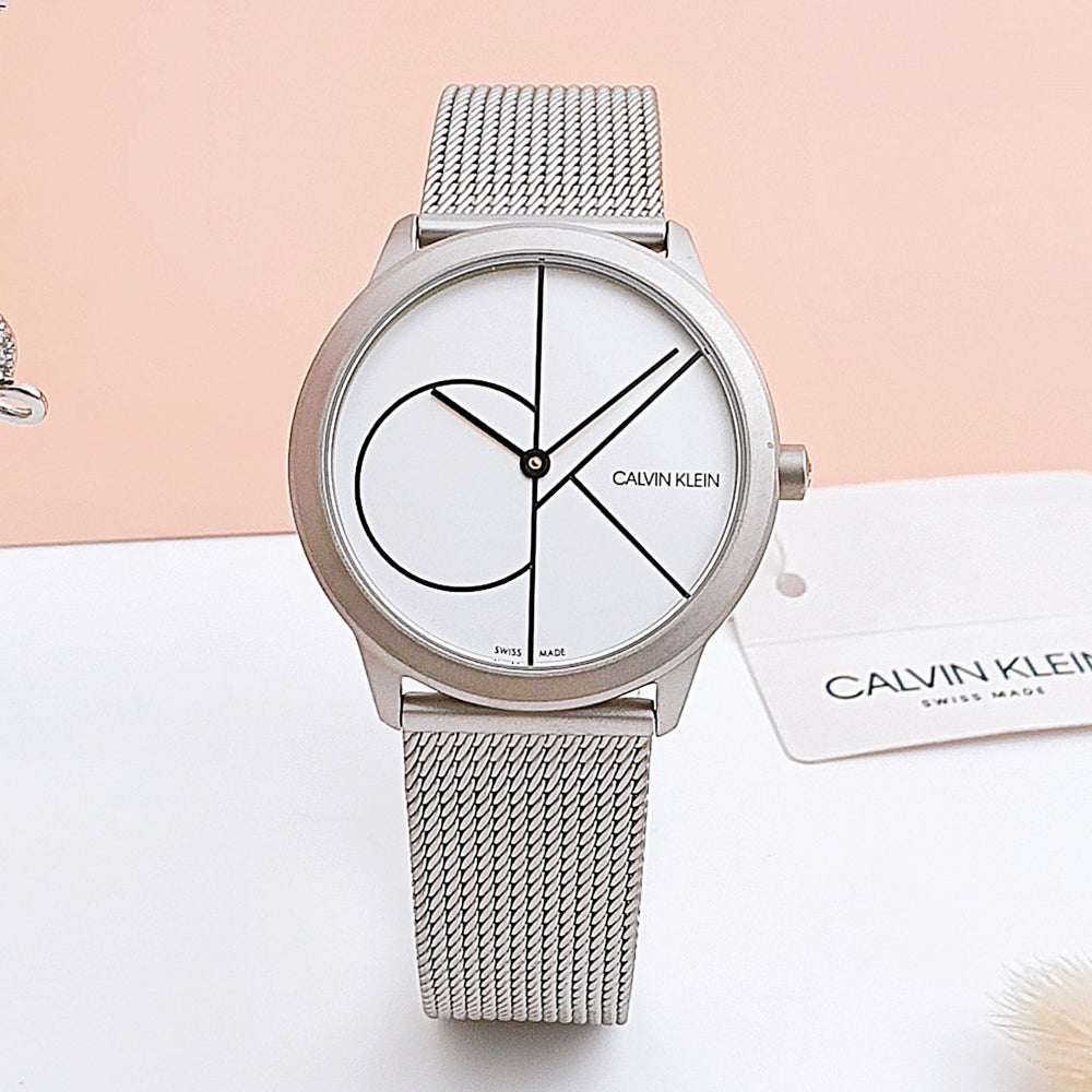  Shop Authentic Calvin Klein Minimal White Dial Silver Mesh Bracelet Watch for Women - K3M5215X - Luxxuri