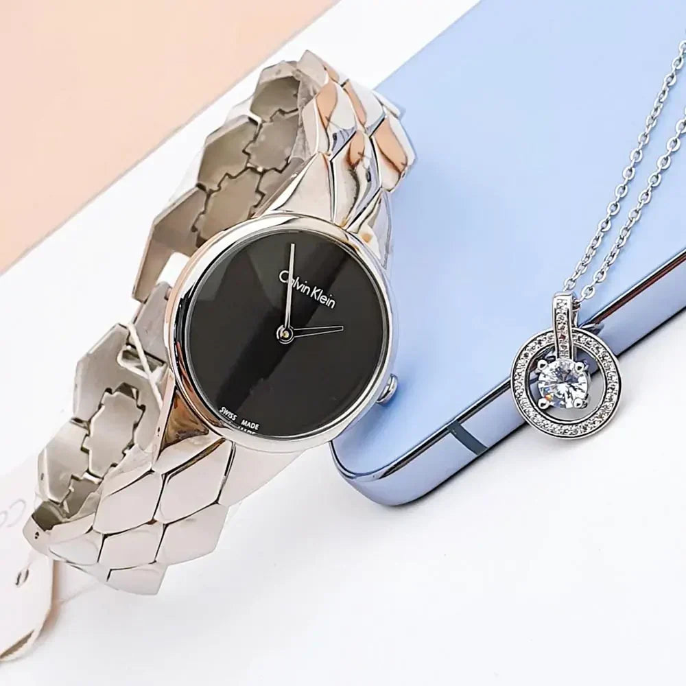  Shop Authentic Calvin Klein Snake Black Dial Silver Steel Strap Watch For Women - K6E23141 - Luxxuri