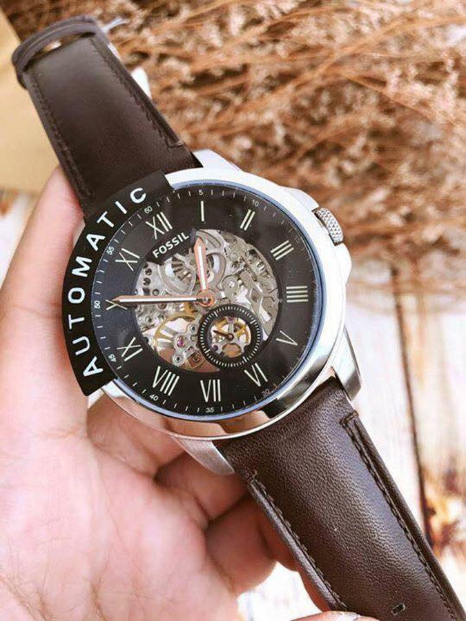  Shop Authentic Fossil Grant Automatic Skeleton Black Dial Brown Leather Strap Watch for Men - ME3095 - Luxxuri
