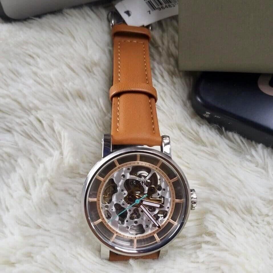  Shop Authentic Fossil Boyfriend Automatic Skeleton Silver Dial Brown Leather Strap Watch for Women - ME3109 - Luxxuri