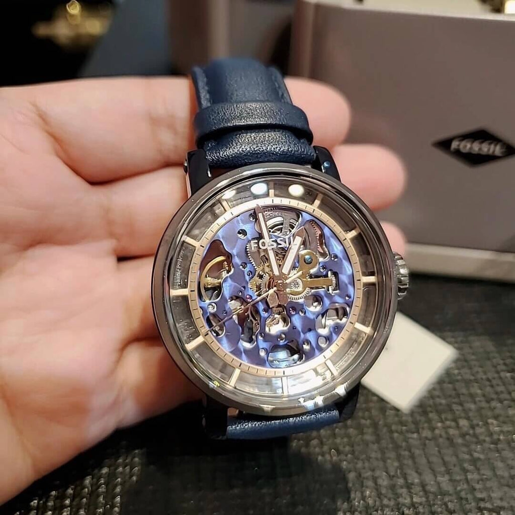  Shop Authentic Fossil Boyfriend Skeleton Blue Dial Blue Leather Strap Watch for Women - ME3136 - Luxxuri
