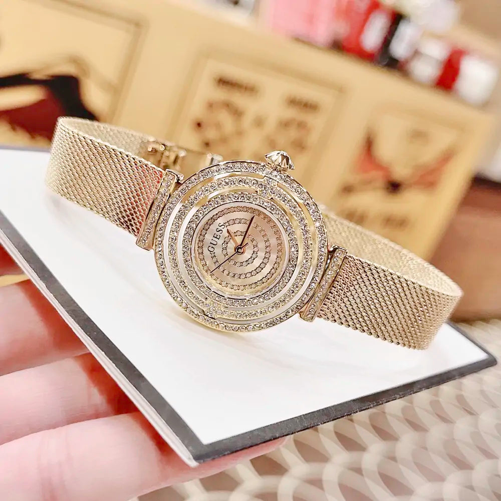  Shop Authentic Guess Dream Quartz Gold Dial Gold Mesh Strap Watch For Women - GW0550L2 - Luxxuri