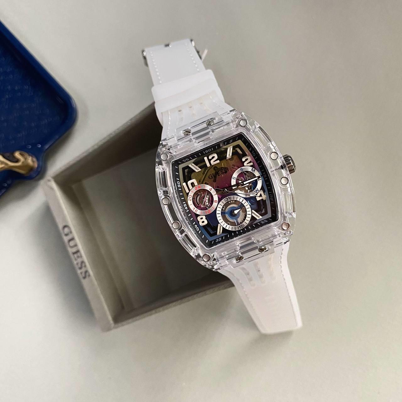  Shop Authentic Guess Phoenix Polycarbonate Clear Multi-function Black Dial Clear Rubber Strap Watch for Men - GW0499G3 - Luxxuri
