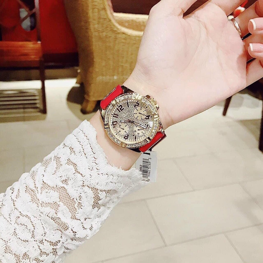  Shop Authentic Guess Frontier Diamonds Gold Dial Red Rubber Strap Watch for Women - GW0045L2 - Luxxuri
