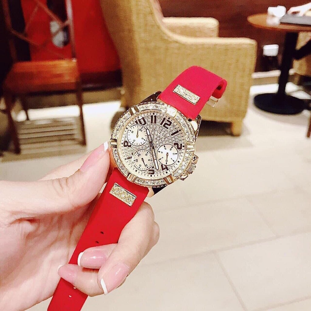  Shop Authentic Guess Frontier Diamonds Gold Dial Red Rubber Strap Watch for Women - GW0045L2 - Luxxuri