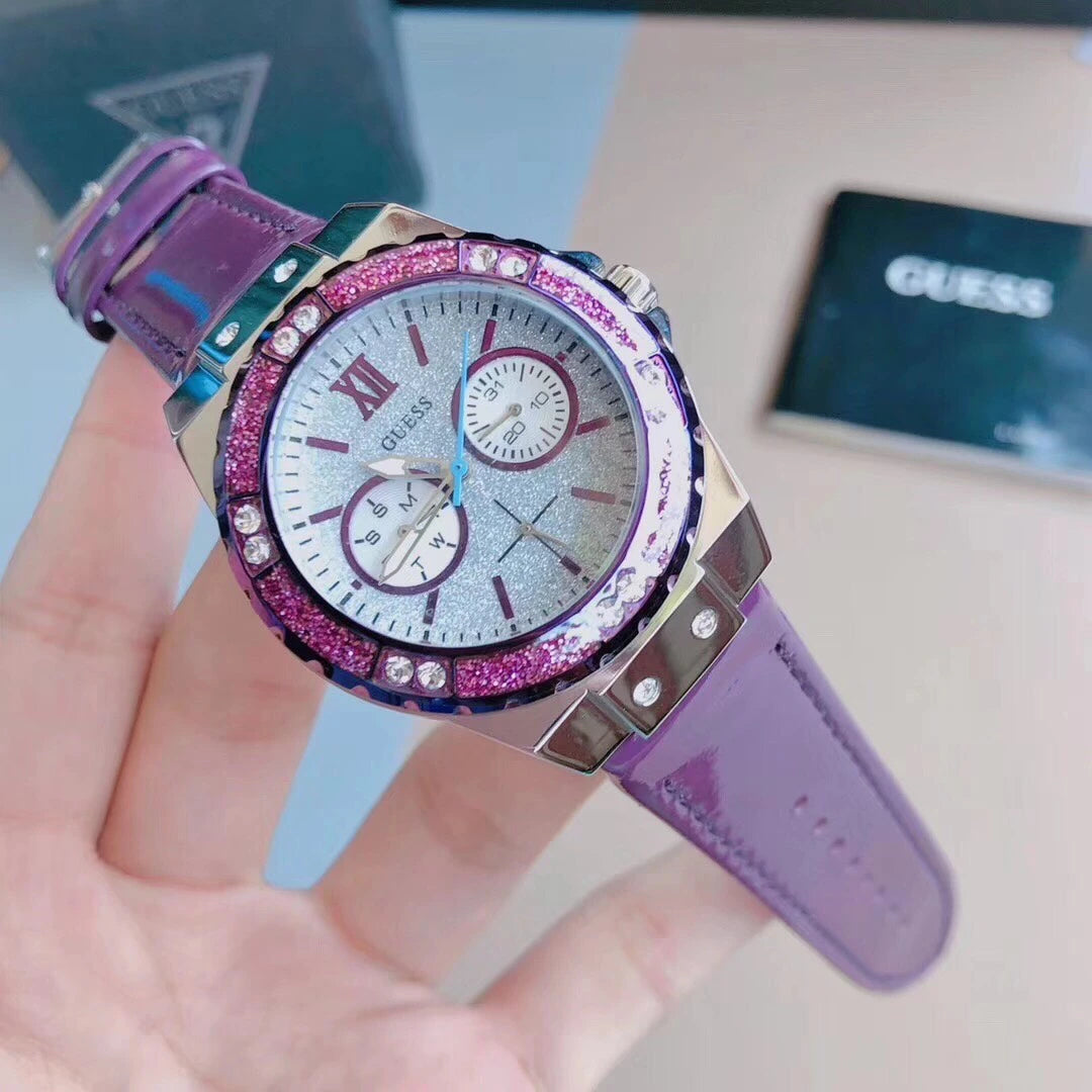  Shop Authentic Guess Limelight Quartz Silver Dial Purple Leather Strap Watch For Women - W0775L6 - Luxxuri