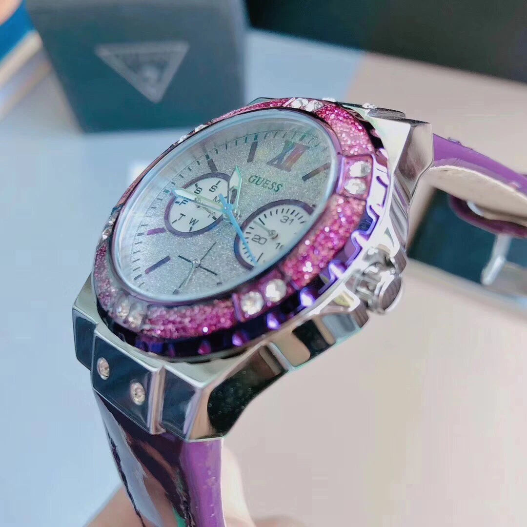  Shop Authentic Guess Limelight Quartz Silver Dial Purple Leather Strap Watch For Women - W0775L6 - Luxxuri