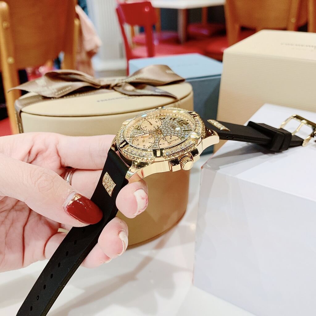  Shop Authentic Guess Frontier Diamonds Gold Dial Black Rubber Strap Watch For Women - W1160L1 - Luxxuri