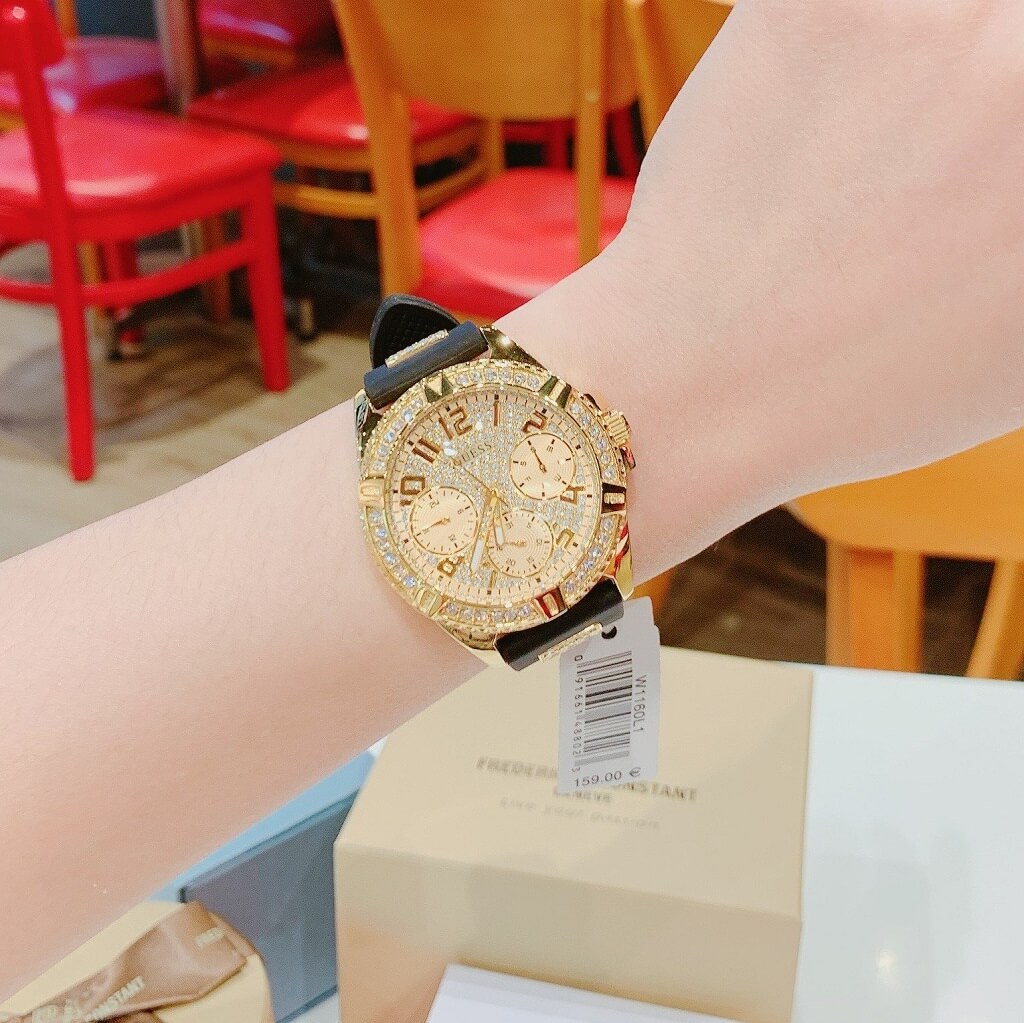  Shop Authentic Guess Frontier Diamonds Gold Dial Black Rubber Strap Watch For Women - W1160L1 - Luxxuri