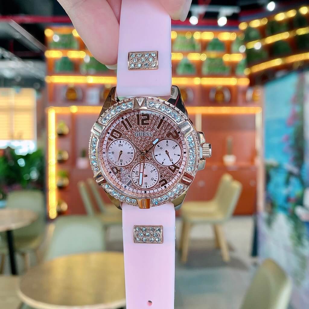  Shop Authentic Guess Frontier Diamonds Rose Gold Dial Pink Rubber Strap Watch For Women - W1160L5 - Luxxuri