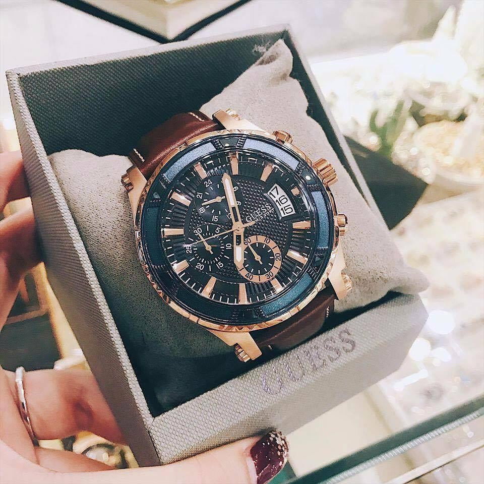  Shop Authentic Guess Pinnacle Chronograph Quartz Blue Dial Brown Leather Strap Watch For Women - W0673G3 - Luxxuri