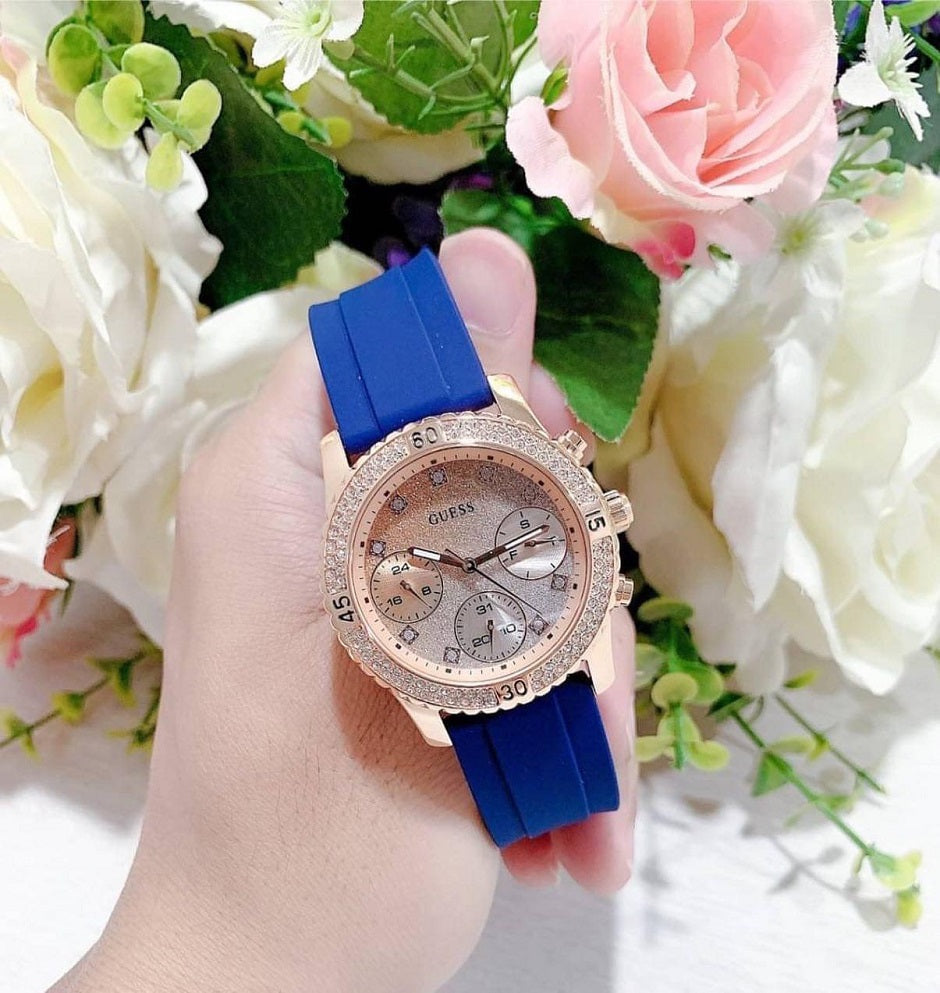  Shop Authentic Guess Confetti Diamonds Gold Dial Blue Rubber Strap Watch For Women - W1098L6 - Luxxuri