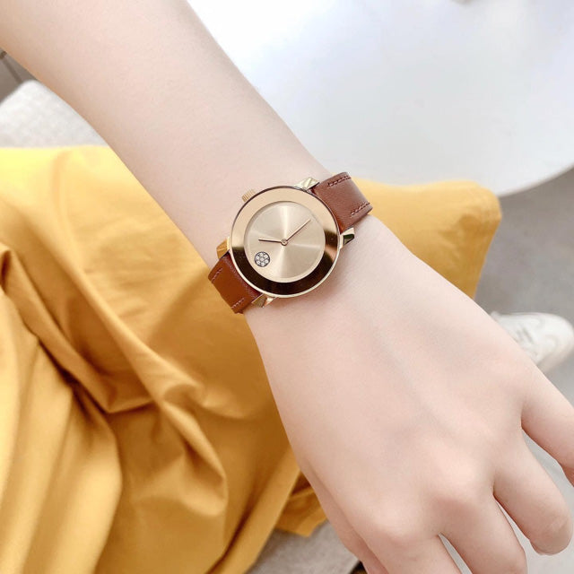  Shop Authentic Movado Bold Gold Dial Brown Leather Strap Watch for Women - 3600437 - Luxxuri