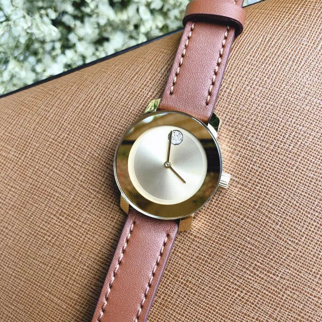  Shop Authentic Movado Bold Gold Dial Brown Leather Strap Watch for Women - 3600437 - Luxxuri