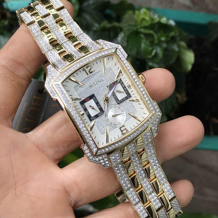  Shop Authentic Bulova Crystal Chronograph White Dial Two Tone Steel Strap Watch for Men - 98C109 - Luxxuri