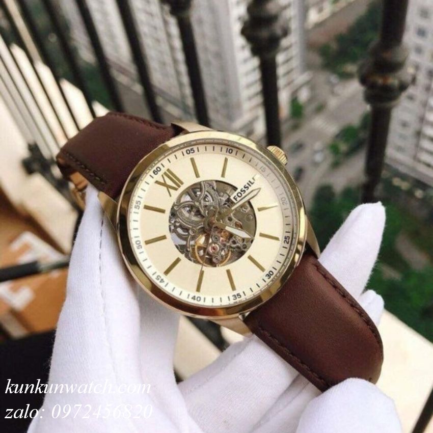  Shop Authentic Fossil Flynn Mechanical Skeleton Beige Dial Brown Leather Strap Watch for Men - BQ2215 - Luxxuri