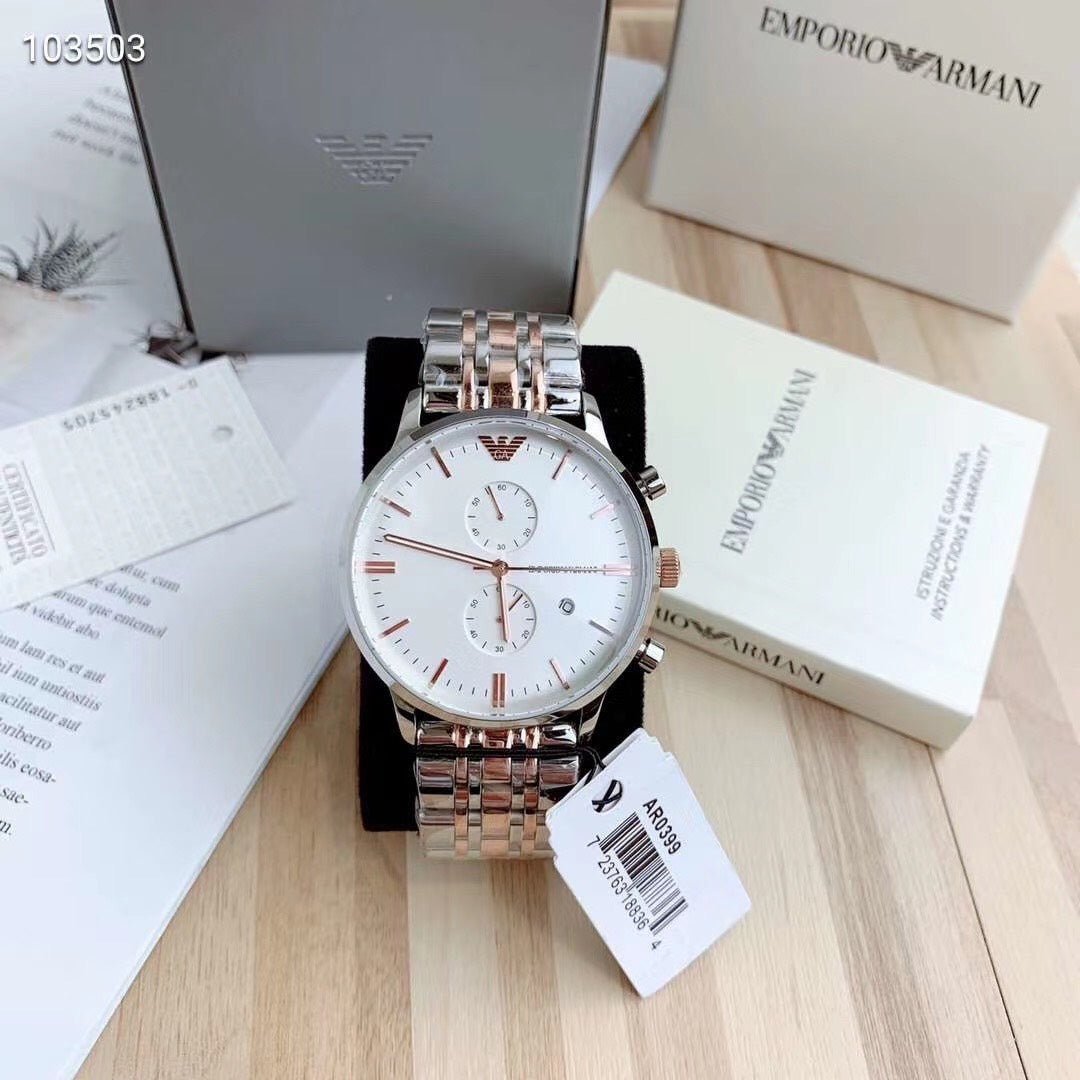  Shop Authentic Emporio Armani Chronograph White Dial Two Tone Steel Strap Watch For Men - AR0399 - Luxxuri