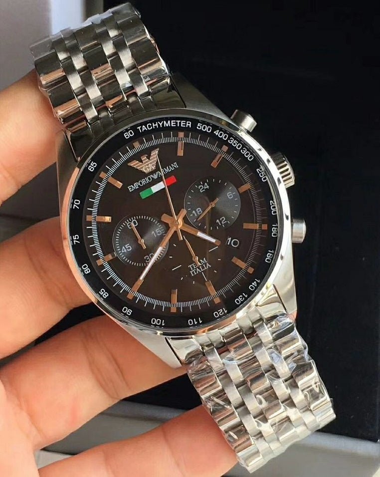  Shop Authentic Emporio Armani Team Italia Chronograph Black Dial Silver Steel Strap Watch For Men - AR5983 - Luxxuri
