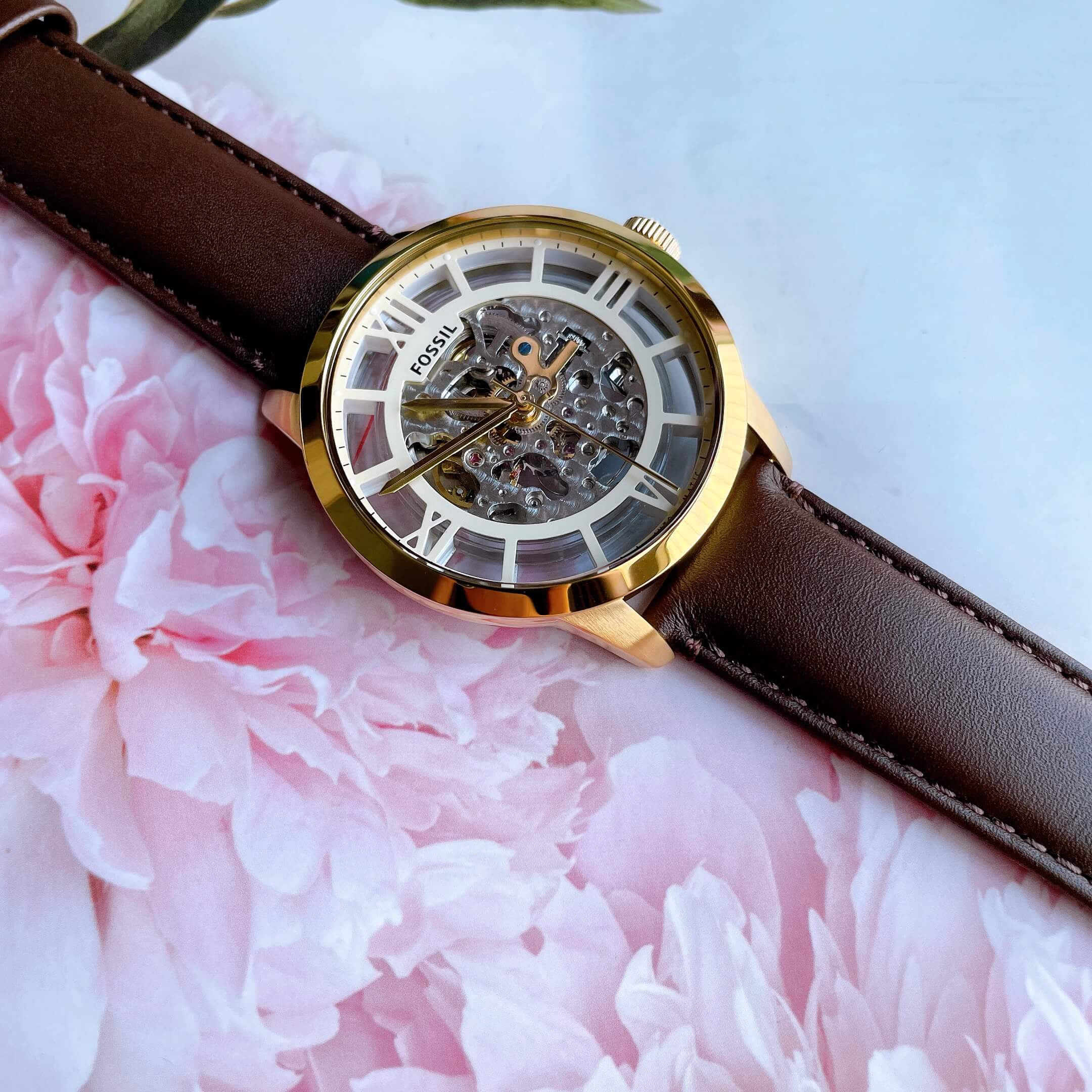  Shop Authentic Fossil Townsman Automatic Skeleton Gold Dial Brown Leather Strap Watch for Men - ME3043 - Luxxuri