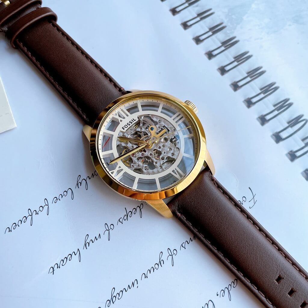  Shop Authentic Fossil Townsman Automatic Skeleton Gold Dial Brown Leather Strap Watch for Men - ME3043 - Luxxuri
