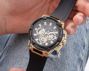  Shop Authentic Guess Matrix Multifunction Gold Dial Black Rubber Strap Watch For Men - GW0423G2 - Luxxuri