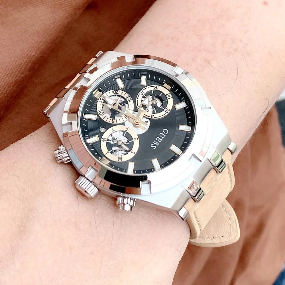  Shop Authentic Guess Continental Multifunction Black Dial Brown Leather Strap Watch for Men - GW0262G1 - Luxxuri