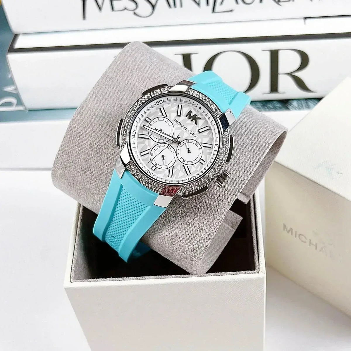  Shop Authentic Michael Kors Sidney Multifunction Analog White Dial Turquoise Silicone Strap Watch For Women - MK7246 - Luxxuri