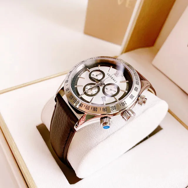  Shop Authentic Versace Classic Chronograph Quartz Silver Dial Brown Leather Strap Watch For Men - VEV700119 - Luxxuri