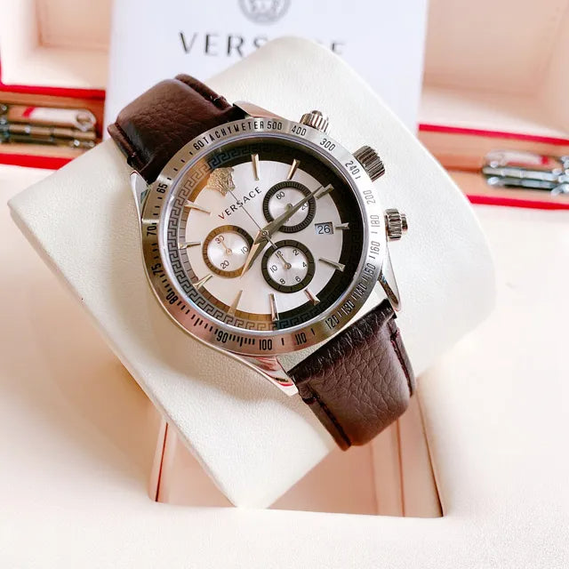  Shop Authentic Versace Classic Chronograph Quartz Silver Dial Brown Leather Strap Watch For Men - VEV700119 - Luxxuri