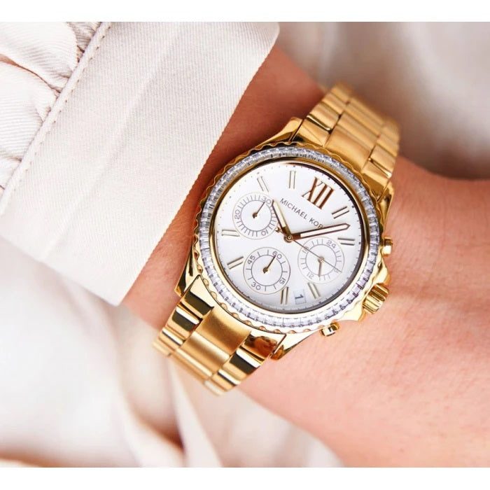  Shop Authentic Michael Kors Everest Chronograph White Dial Gold Steel Strap Watch For Women - MK7212 - Luxxuri