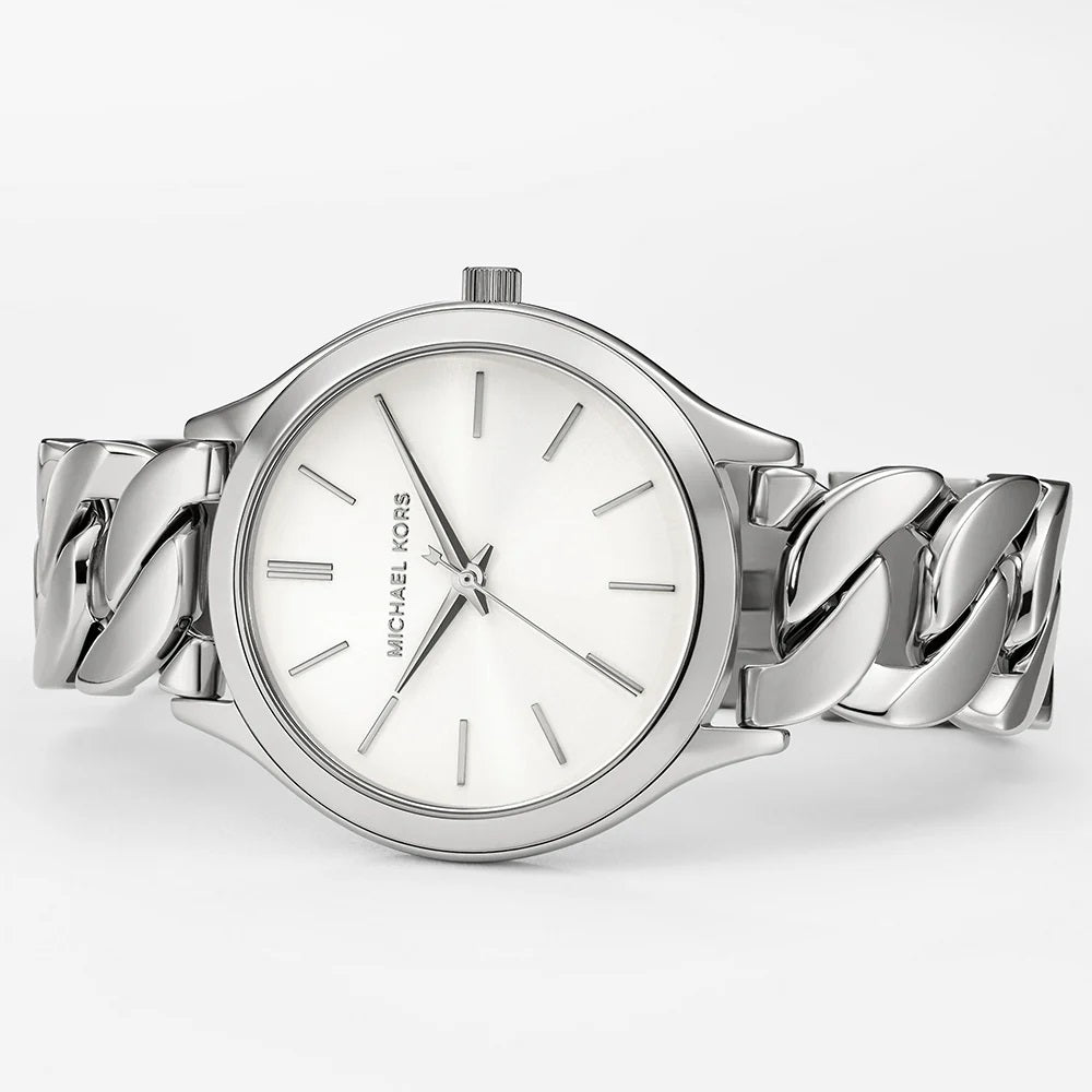  Shop Authentic Michael Kors Runway Three-Hand Silver Dial Silver Steel Strap Watch for Women - MK7474 - Luxxuri