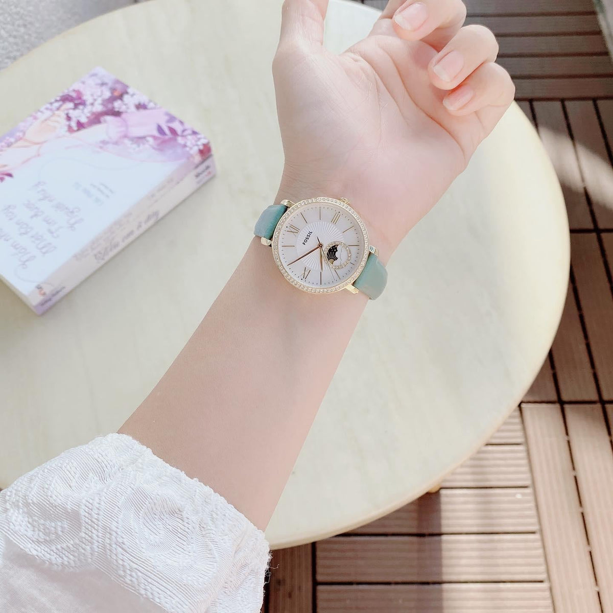  Shop Authentic Fossil Jacqueline Analog Moonphase Mother of Pearl White Dial Green Leather Strap Watch for Women - ES5168 - Luxxuri