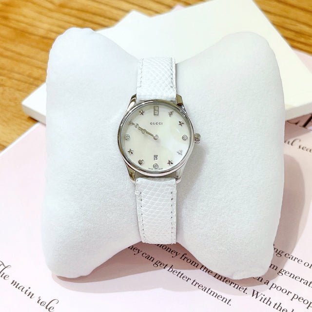  Shop Authentic Gucci G-Timeless Mother of Pearl White Dial White Leather Strap Watch For Women - YA126597 - Luxxuri