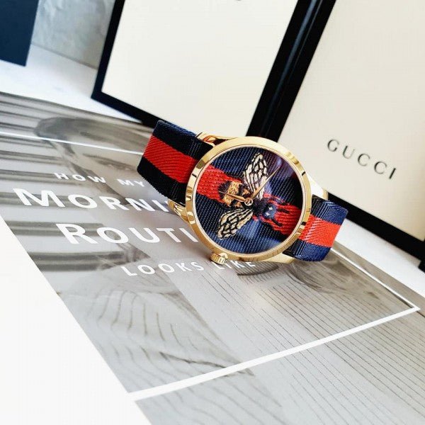  Shop Authentic Gucci G Timeless Bee Red & Blue Dial Red Two Tone Nylon Strap Watch For Men - YA1264061 - Luxxuri